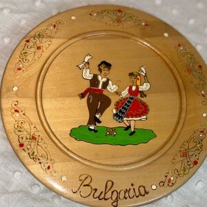 Decorative Wooden Plate with Folk Dance Design Bulgaria Hand Painted